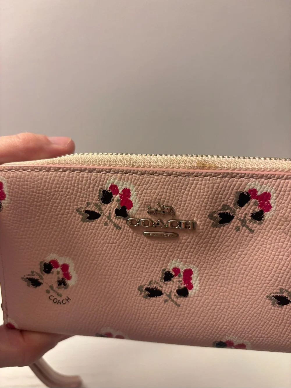 Coach Pink Floral Zip Wallet with Silver Logo